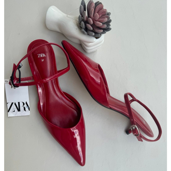 ZARA Red Patent Slingback Heels NWT – Pointed Toe Kitten Heels, Size 7.5 & 8 - Picture 6 of 16